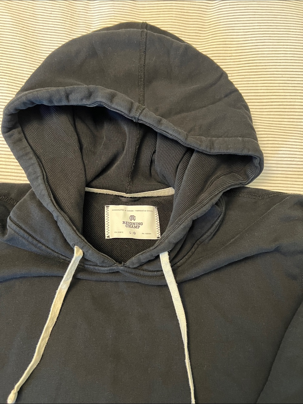 Reigning Champ Charcoal Hooded Pullover with Contrast Drawstrings